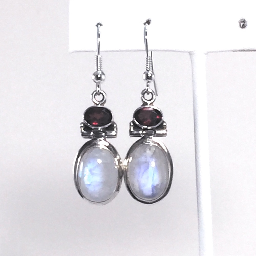 Garnet and moonstone earrings, sterling silver